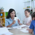 Young children participating in an interactive Chinese character flashcard group class at Nihao Language Education in Hong Kong.