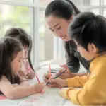Young learners practicing Chinese writing and character recognition together in a dynamic Mandarin group class at Nihao Language Education Hong Kong.